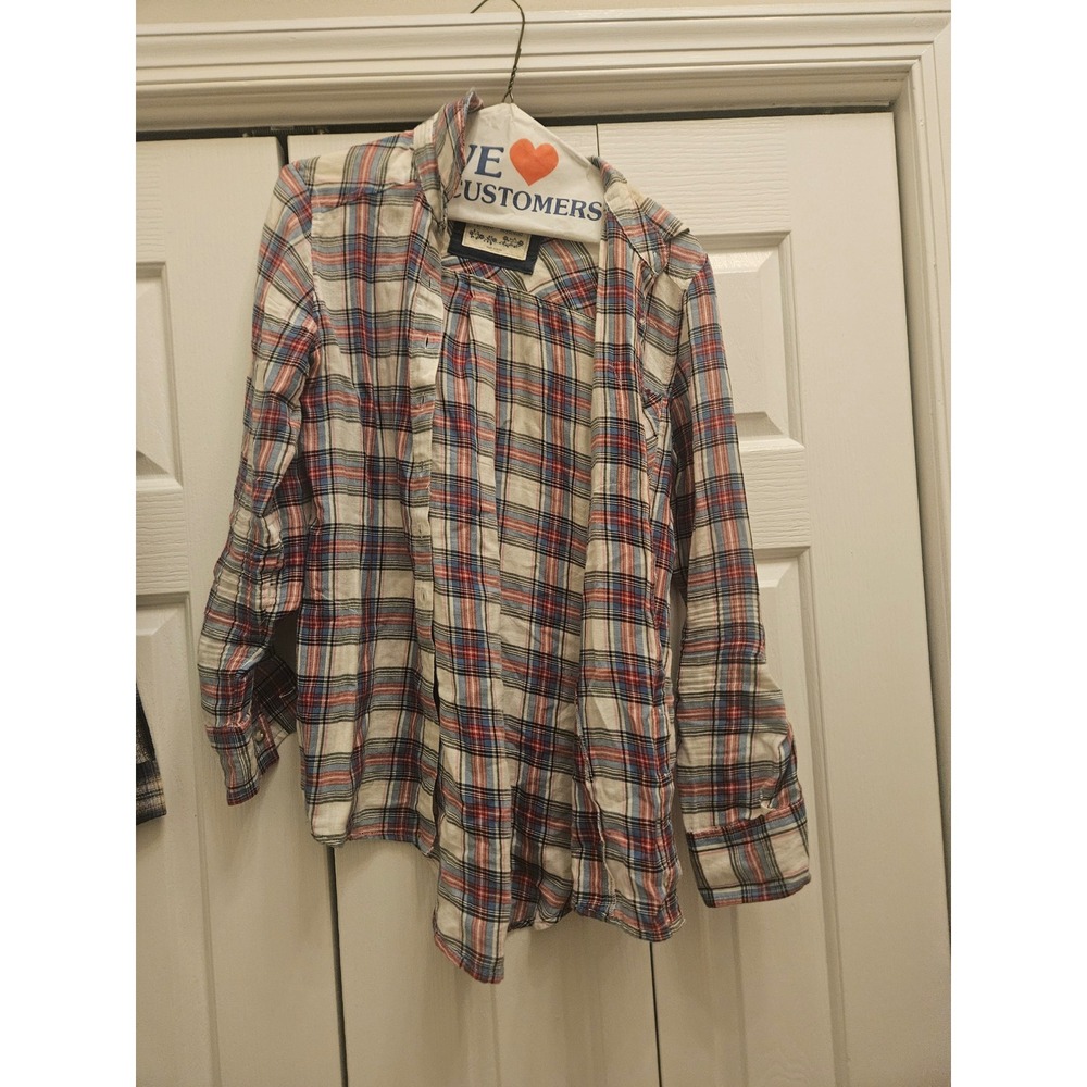 Girl Krazy Plaid Flannel Shirt Womens XS Boyfriend Fit Red Blue Button Down Top